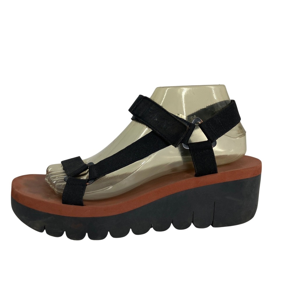 Fly London Platform Sandals Womens 40 Black Rust Excellent Chunky Wedge Strappy